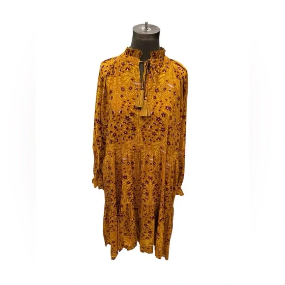 Roller Rabbit Mustard Floral Tassel Tie Dress Large Cotton India - Picture 3 of 13